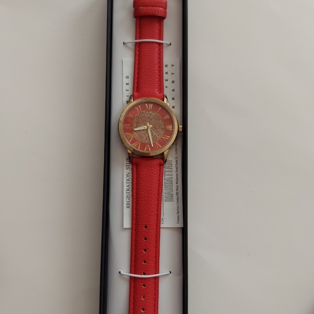 New Manhattan By Croton Wrist Watch Red Faux Leather Band- Red-Goldtone Case NIB